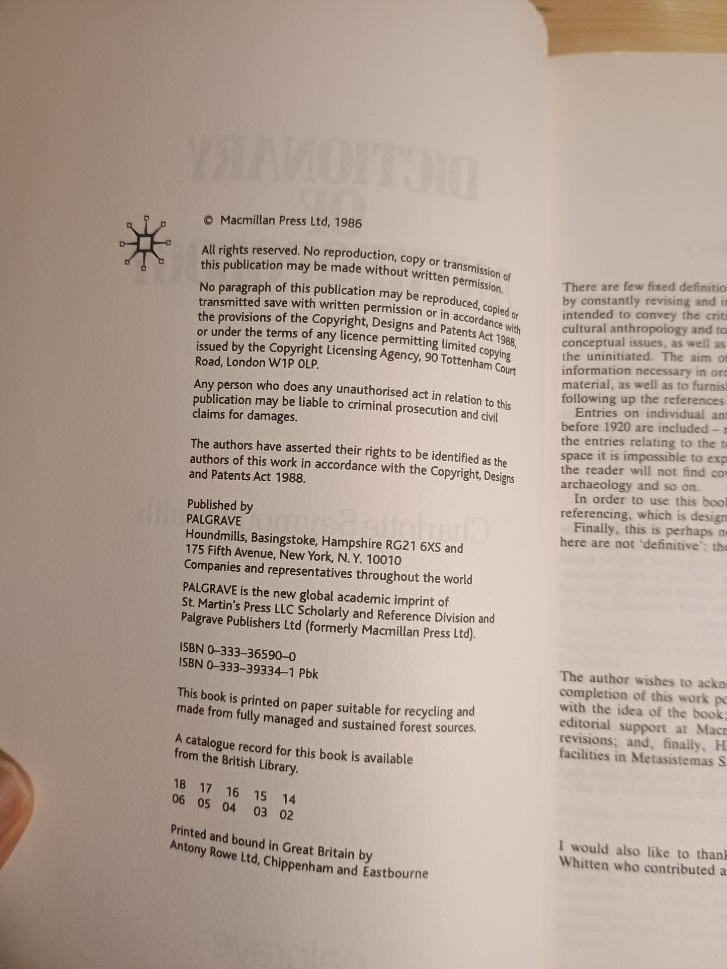 Palgrsve dictionary of anthropology, Charlotte Seymour-Smith