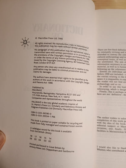Palgrsve dictionary of anthropology, Charlotte Seymour-Smith